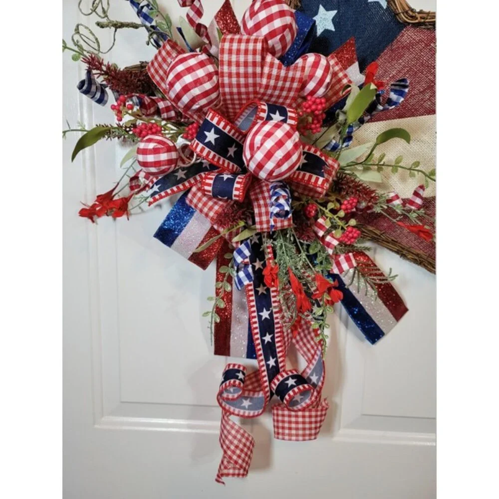 Stars / Stripes Wreath, Red White Blue Burlap Star 4th July Wreath, Hand Crafted